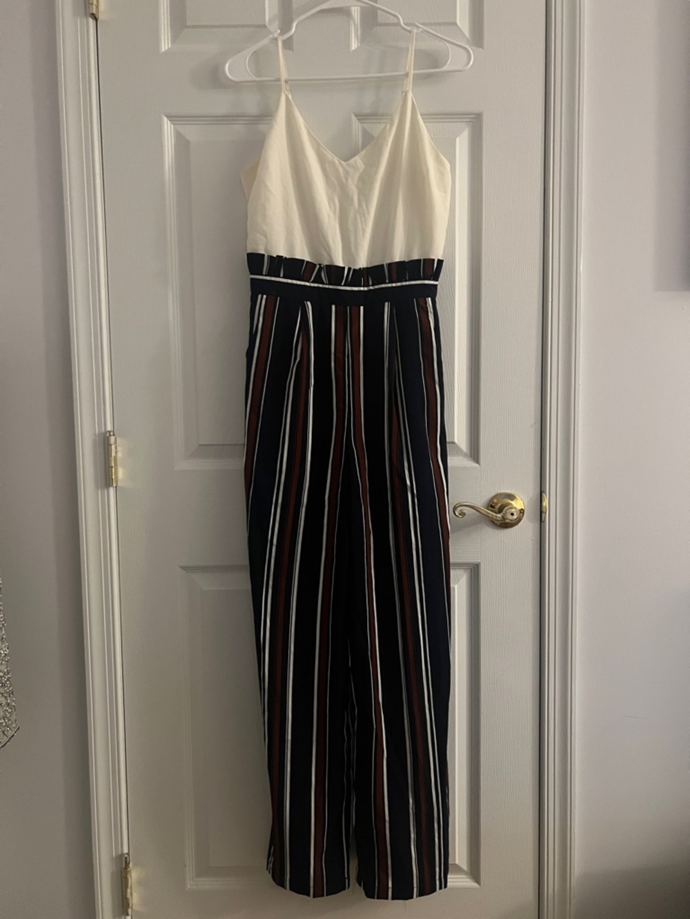 Altar'd State Cream Bodice Navy & Brown Striped Wide-Leg Jumpsuit